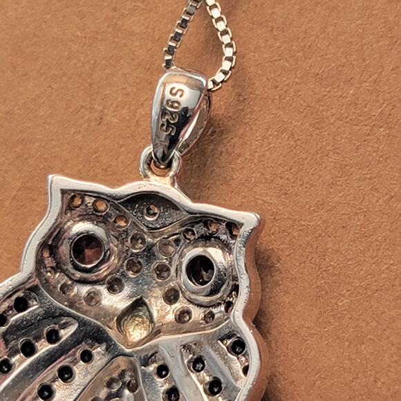 Vintage Sterling Silver Owl Pendant Necklace with Black and Clear CZ 925 Stamped - Picture 9 of 10